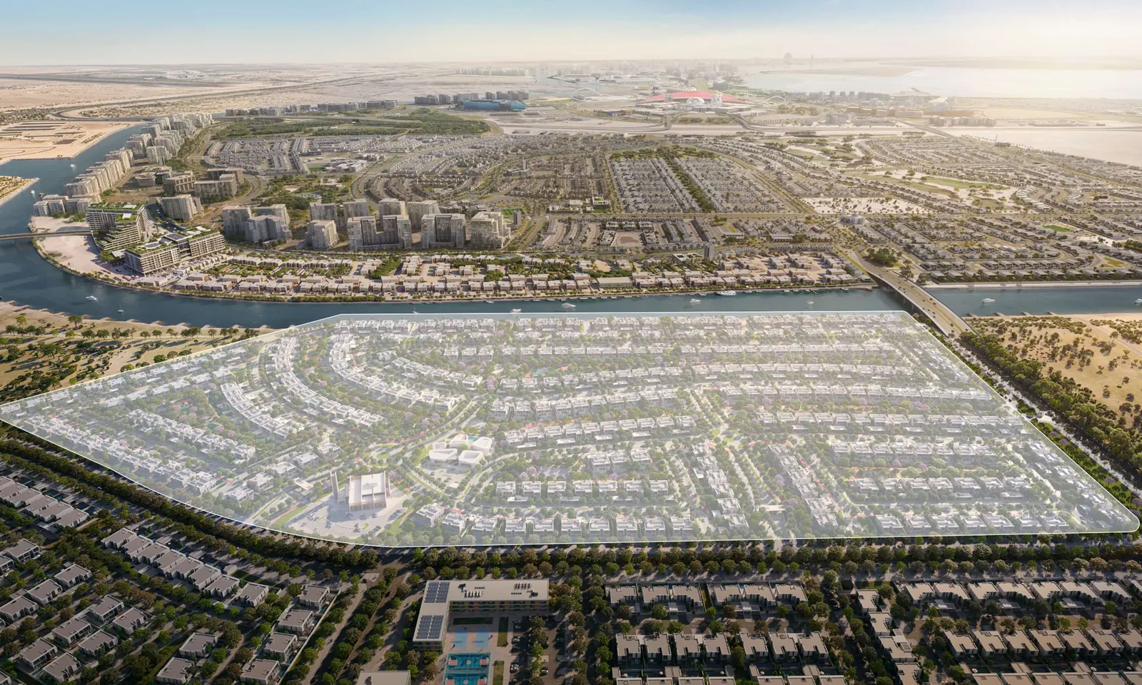 Aerial view of the Yas Riva Reserve plot beside the canal on Yas Island