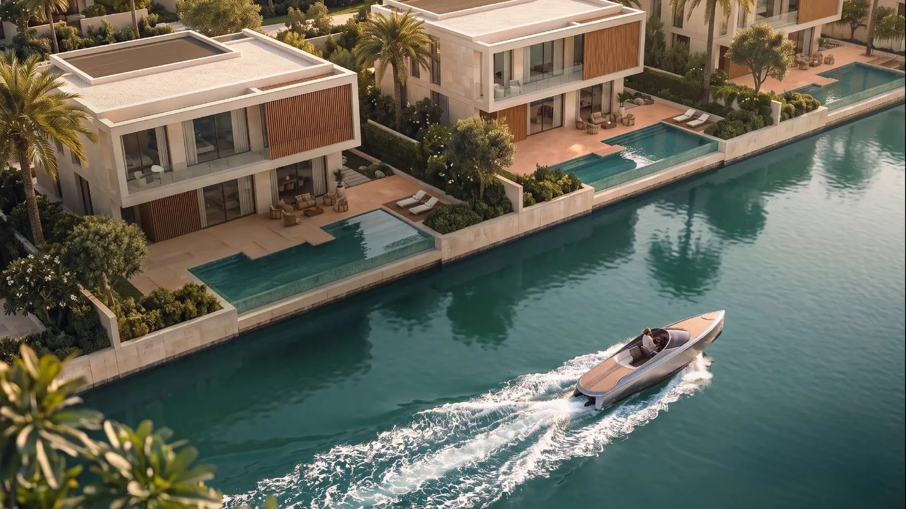 Waterfront villas with private pools and a boat passing on the canal