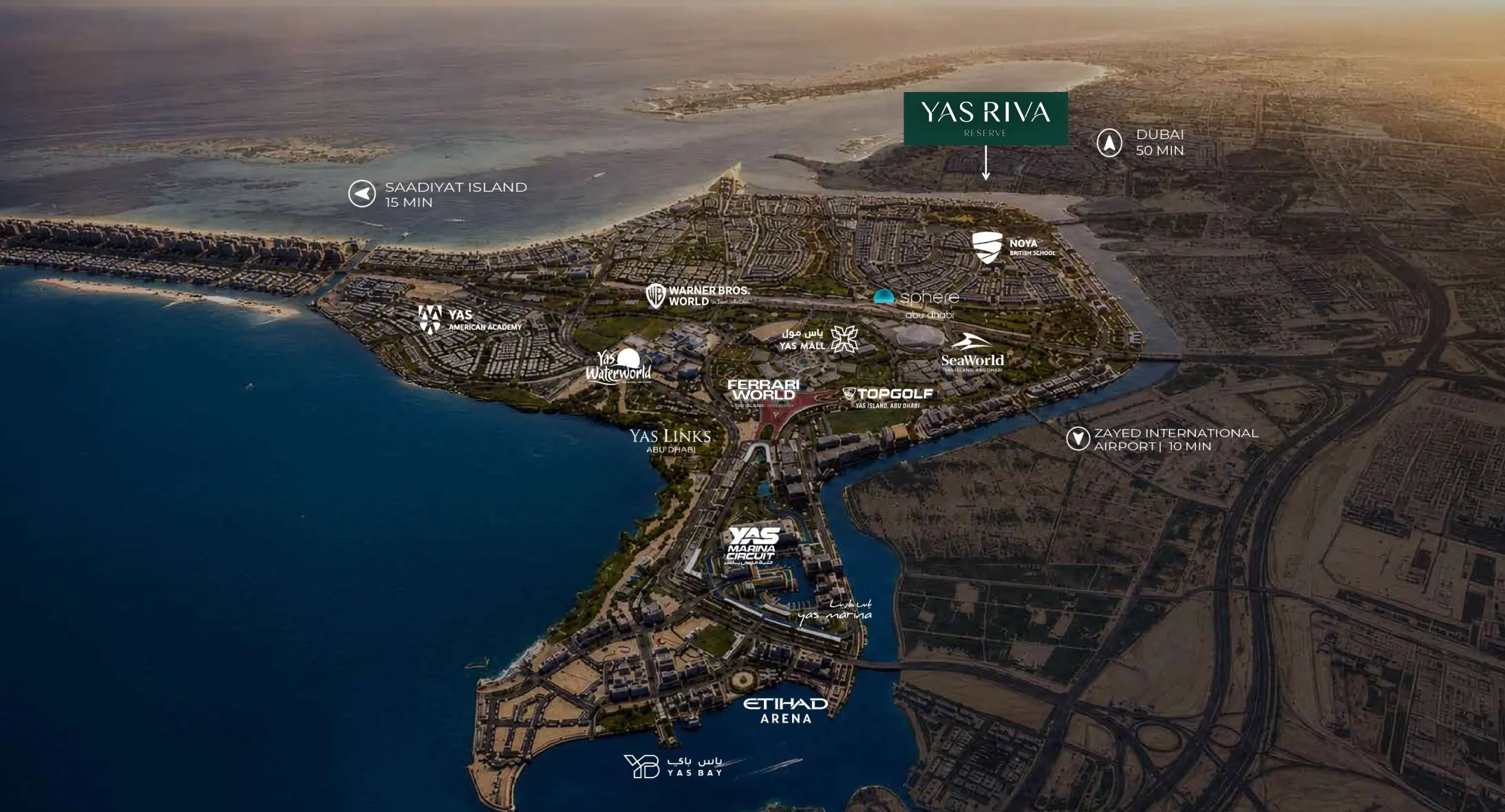 Map of Yas Island showing Yas Riva Reserve near Warner Bros. World, Yas Mall, Ferrari World, Yas Waterworld and Yas Marina Circuit