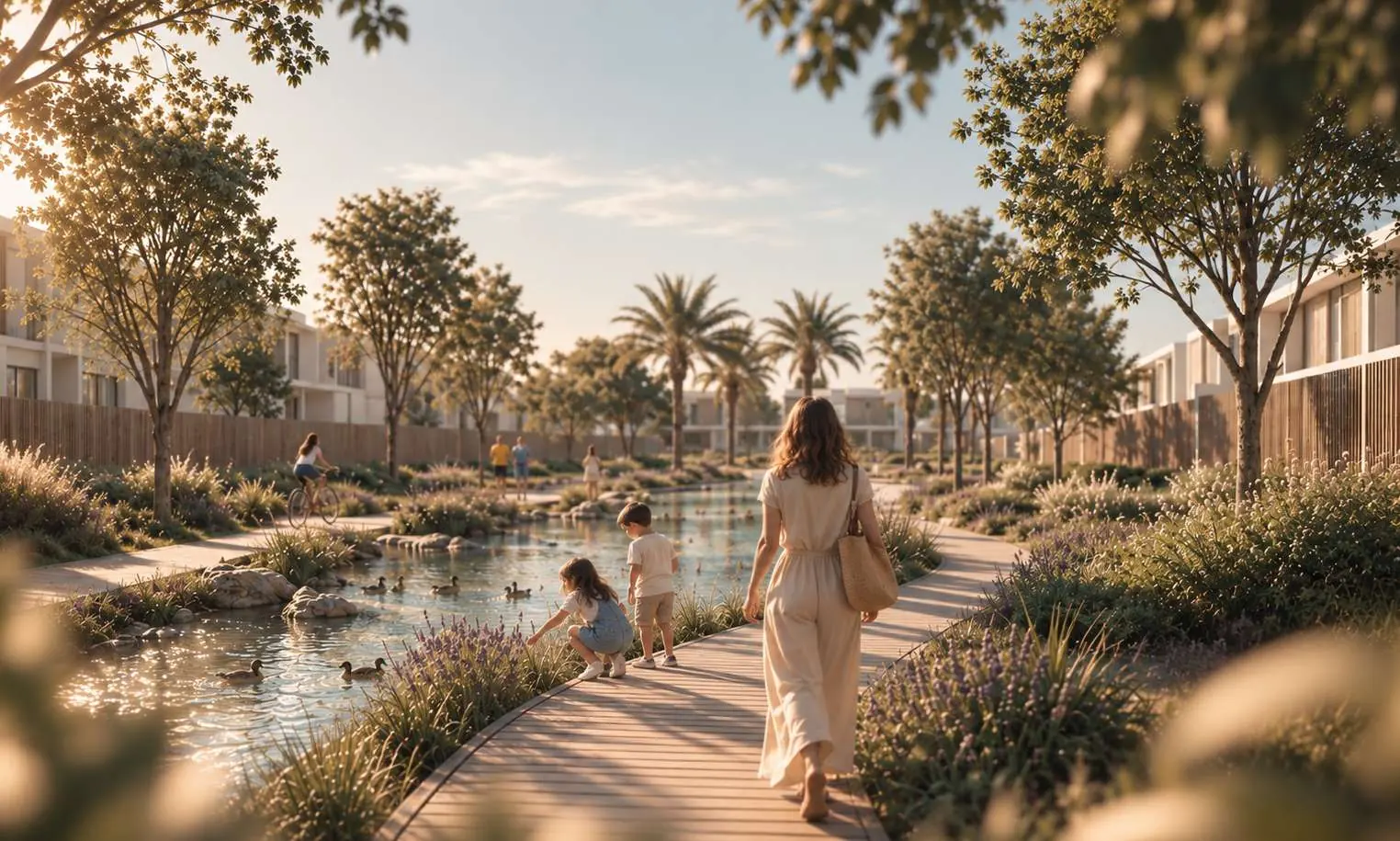 A woman walks a boardwalk through the neighbourhood park