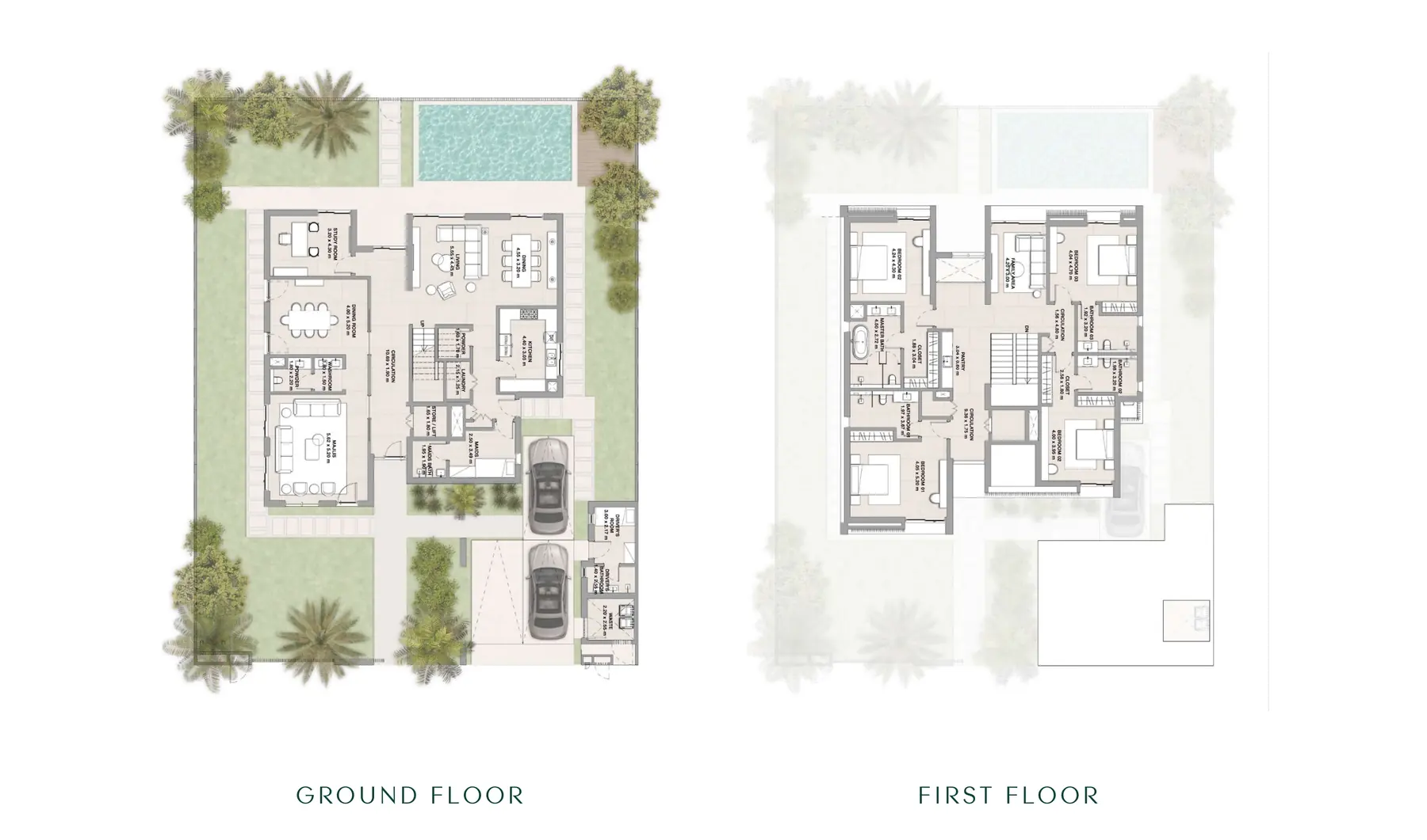 Ground and first floor plans of the 4-bedroom inland villa