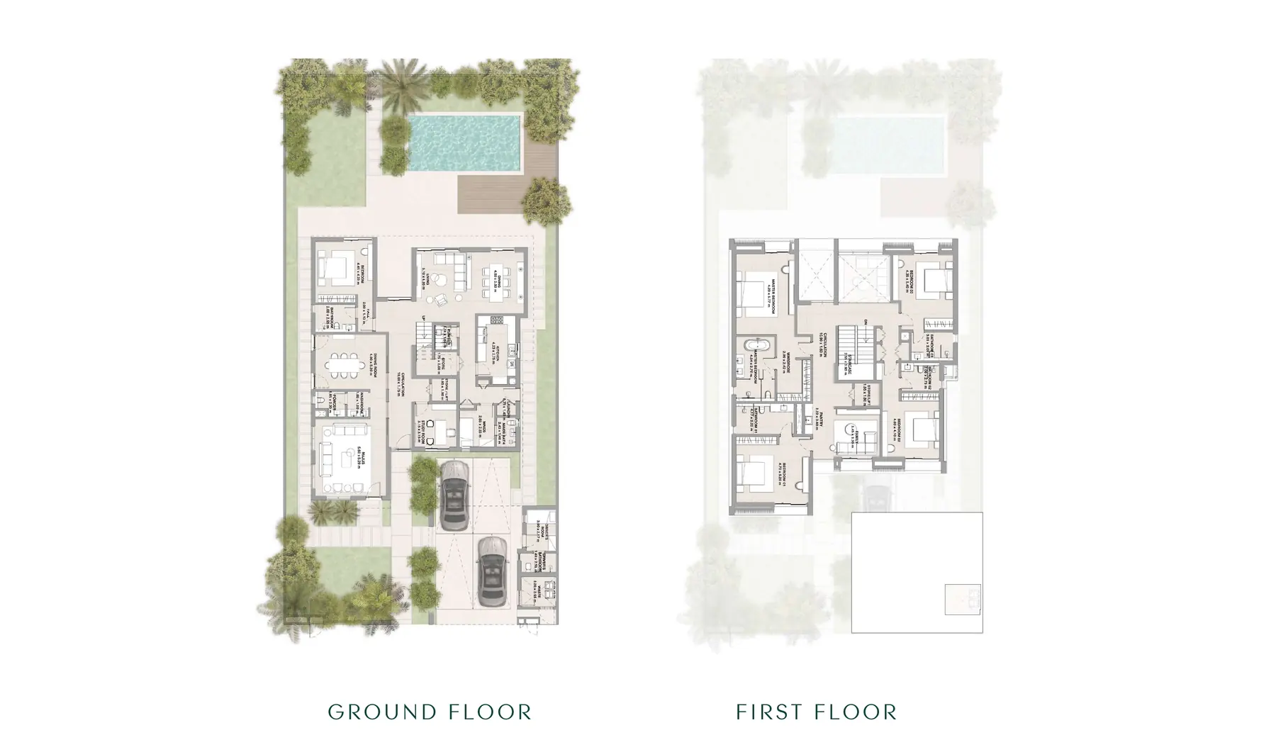 Ground and first floor plans of the 5-bedroom inland villa
