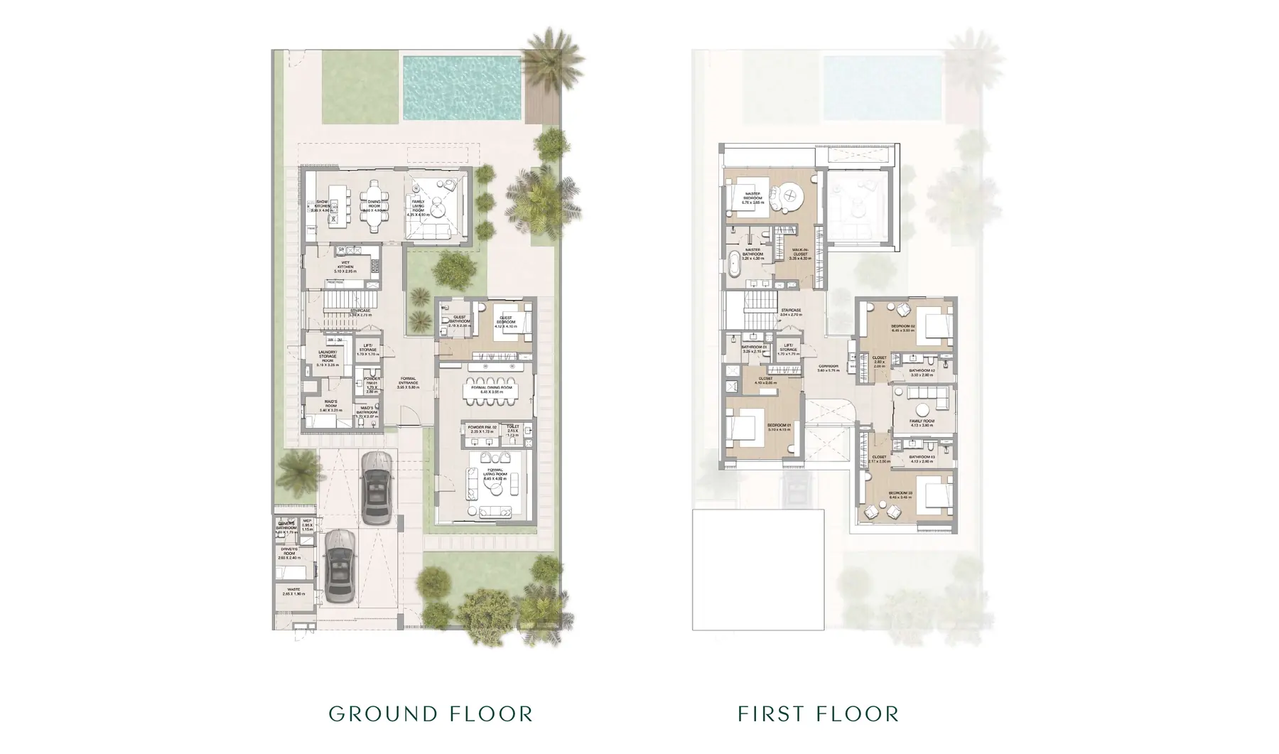 Ground and first floor plans of the 5-bedroom waterfront villa