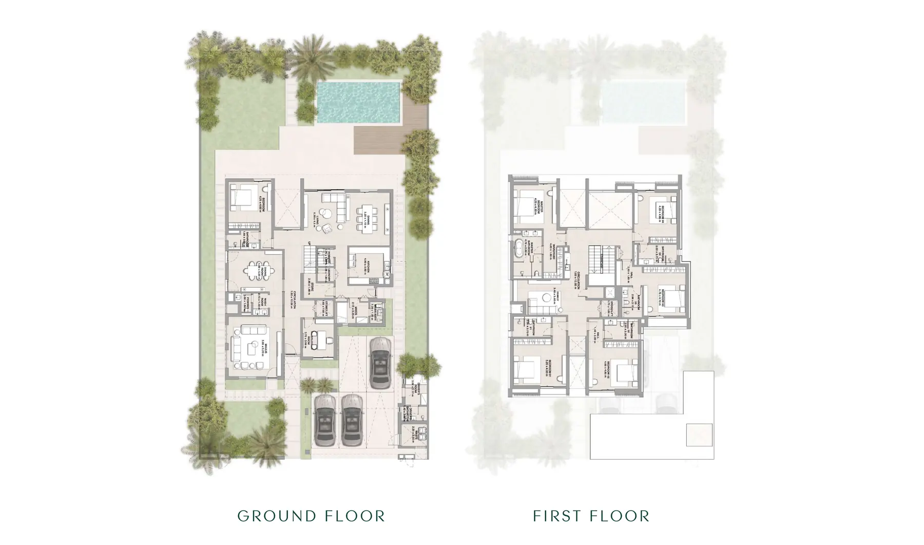 Ground and first floor plans of the 6-bedroom inland villa