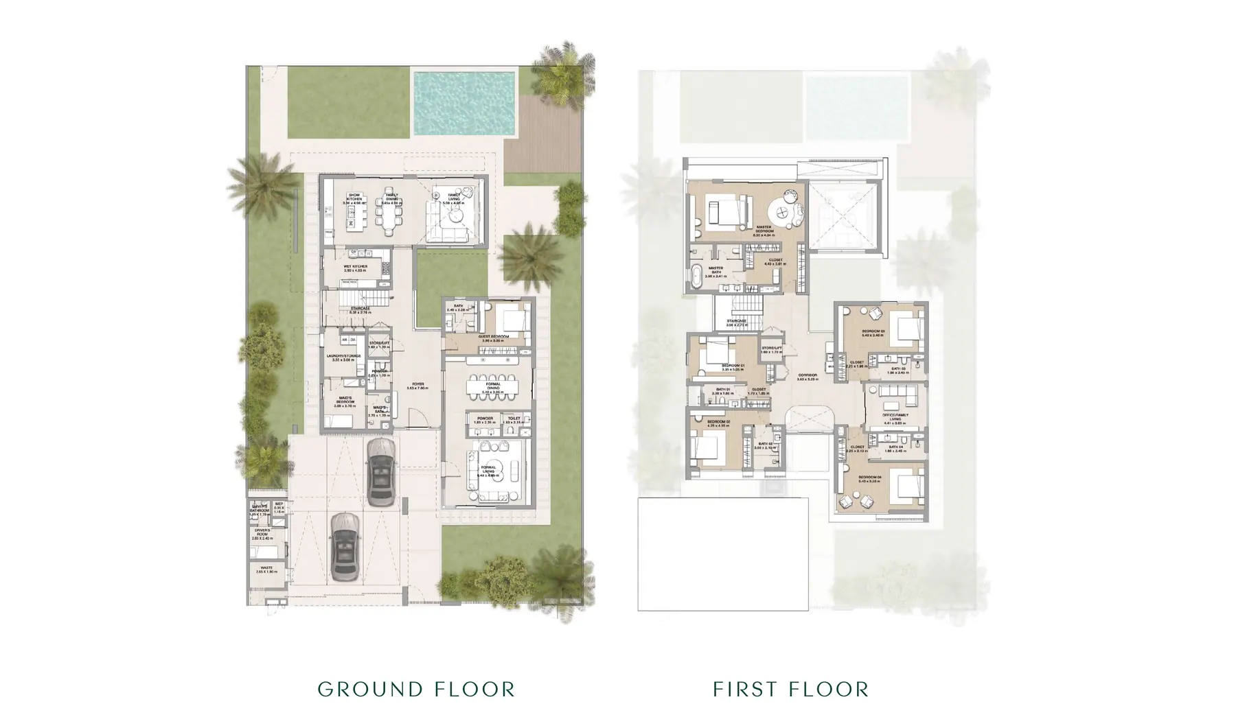 Ground and first floor plans of the 6-bedroom waterfront villa