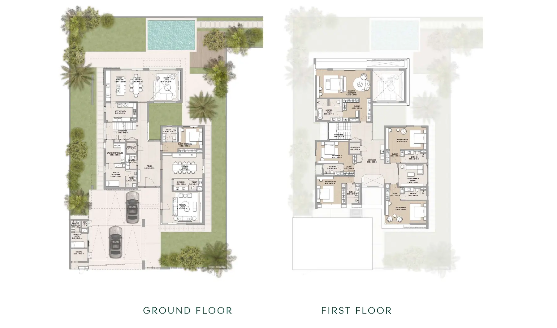 Ground and first floor plans of the L-shaped 6-bedroom waterfront villa