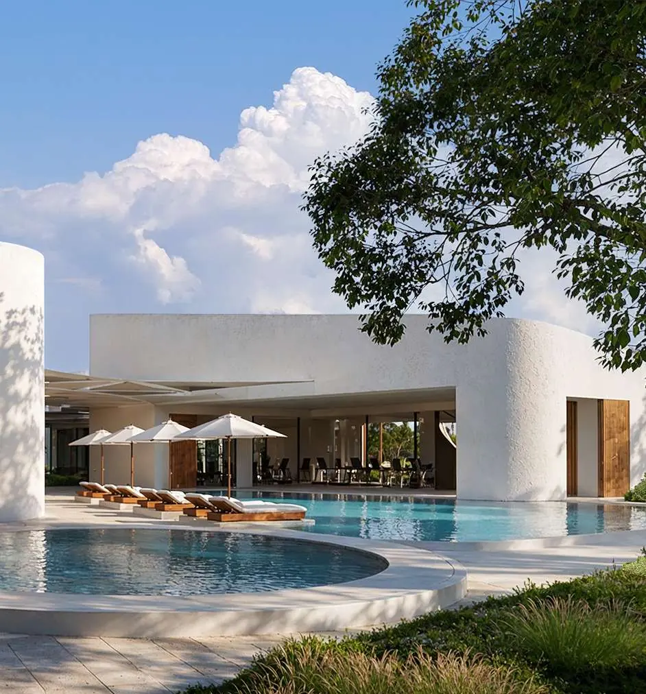 The clubhouse pool and sun loungers