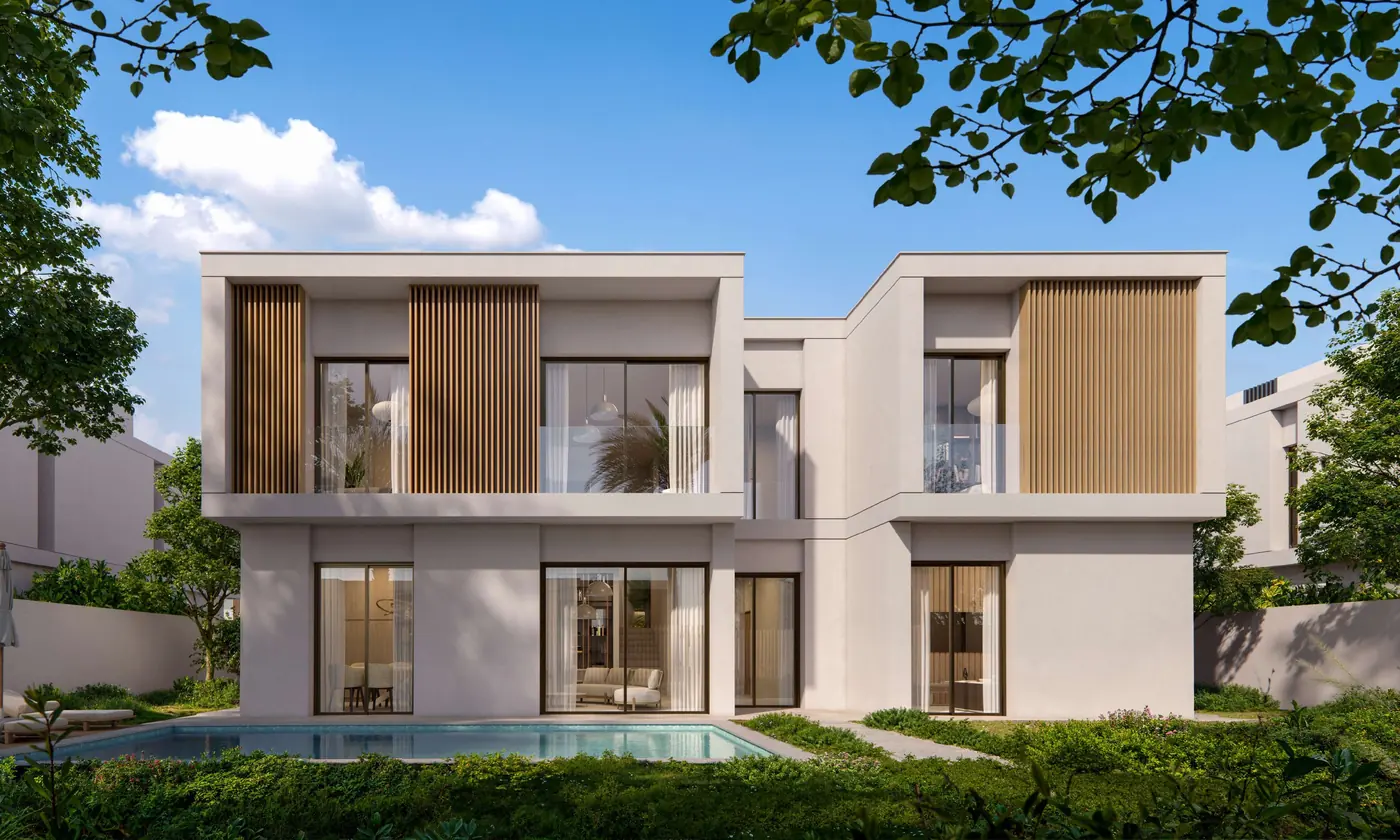 The 4-bedroom inland villa, with timber screens over the pool terrace